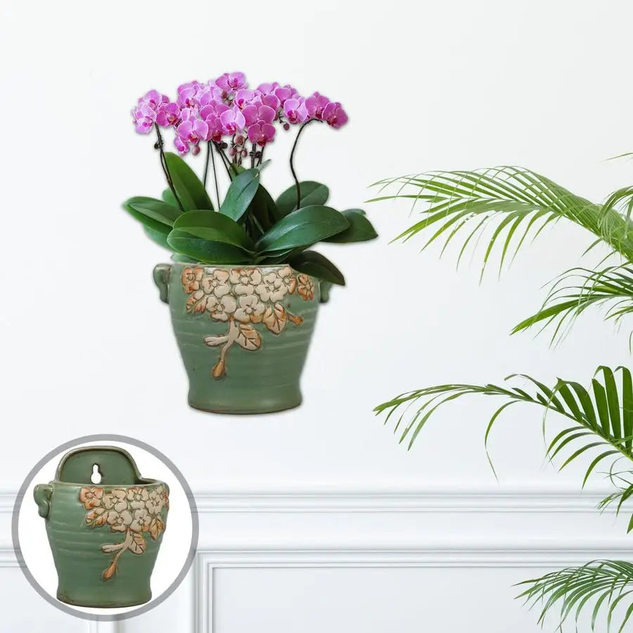 Vintage Ceramic Wall Planter 8 Inch Green Retro Flower Pot for Farmhouse Decor, Indoor Outdoor Hanging Planter for Succulents, H