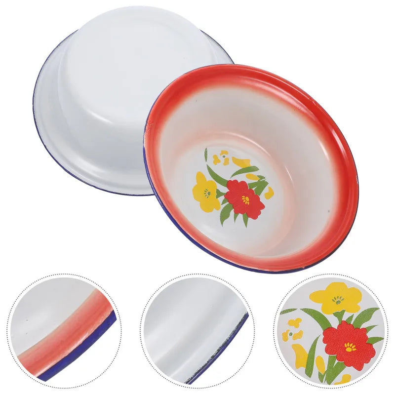 5 Pcs Red Floral Retro Enamel Disc Vintage Dinnerware Sets Enamelware Bowls Metal Plates Kitchen Storage Serving Tableware