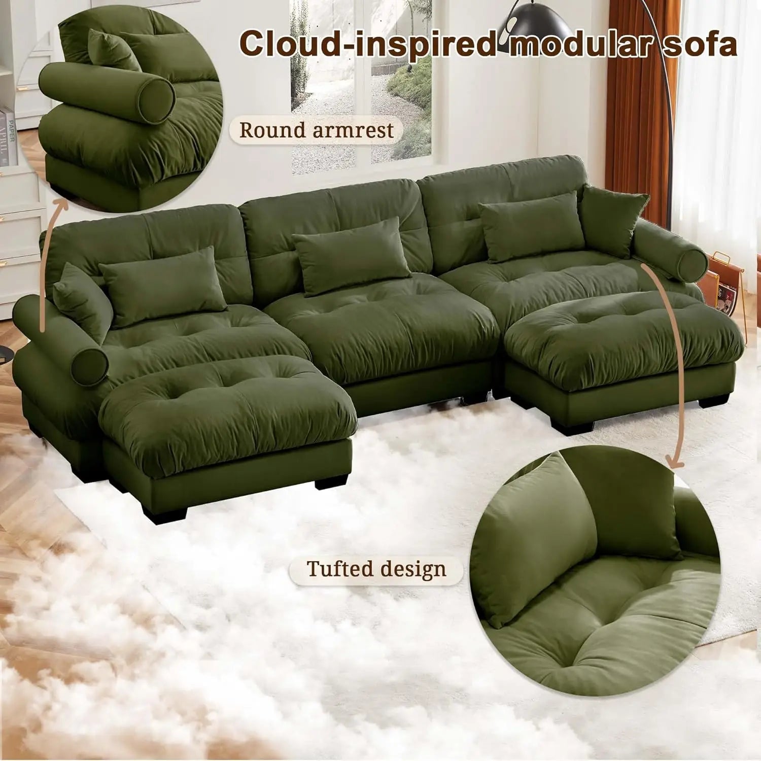 Velvet Modular Sectional Sofa 130" W Oversized U-Shaped Cloud Couch with 2 Ottomans Free Combined 3-Seater Comfort Customized