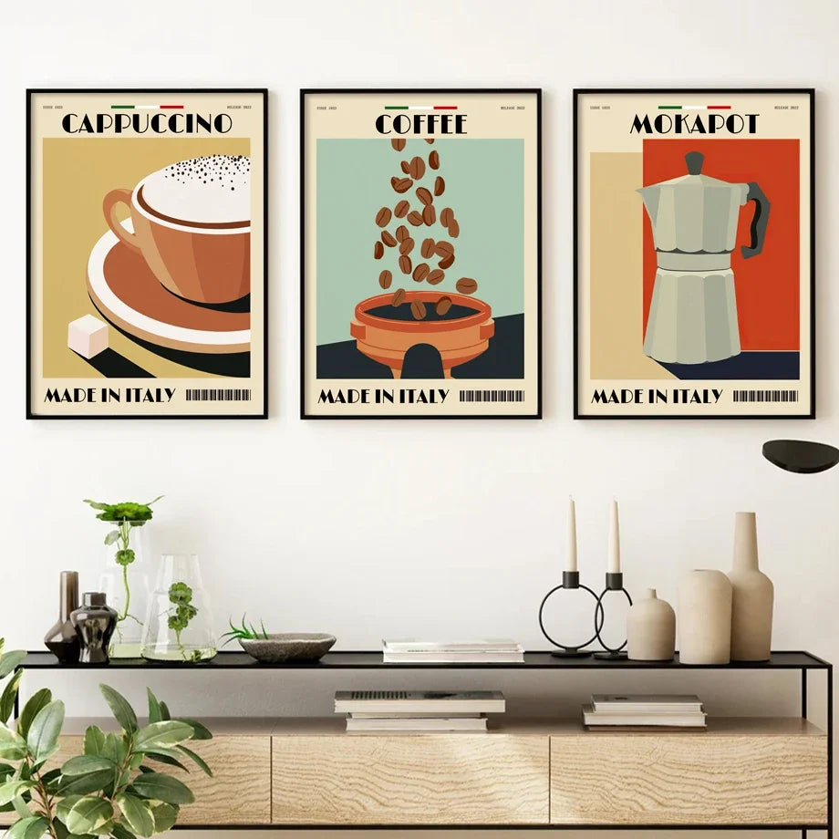 Italian Espresso Coffee Pot Beans Wall Art Wall Art Canvas Painting Poster Suitable for Decoration in Living Rooms Bedrooms