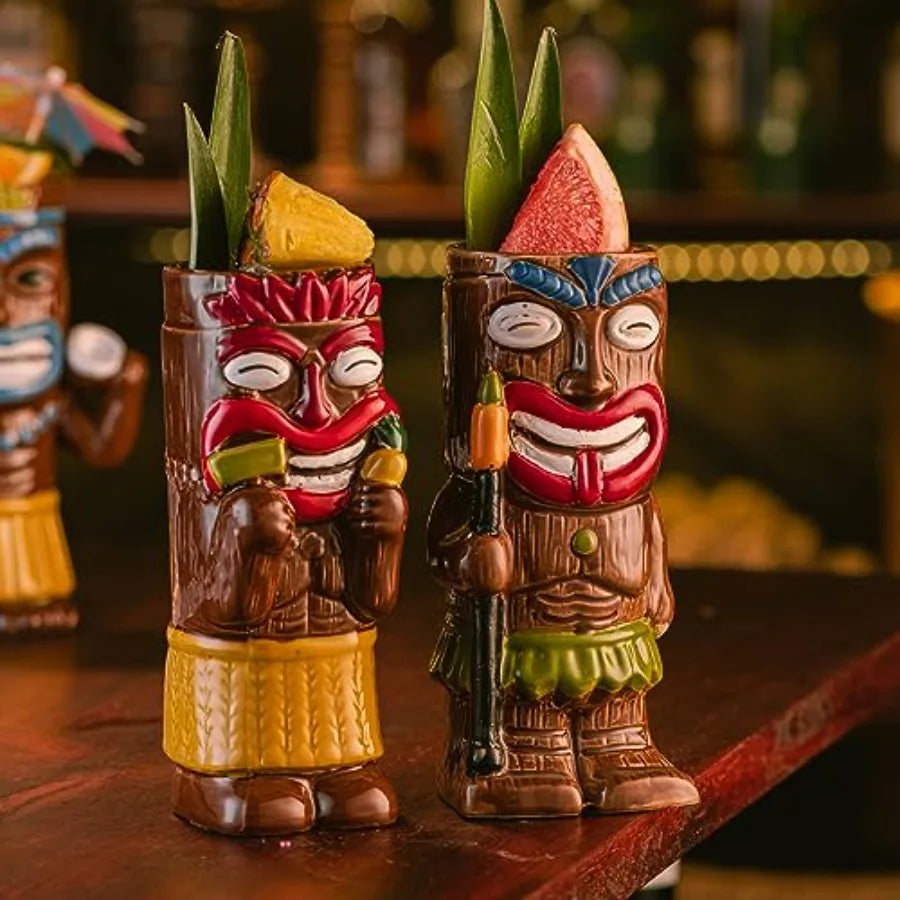 Cocktail Tiki Mugs Set Of 4 - Exotic Mug With 4 Coasters And 4 Straws Cute Ceramic Hawaiian Style Cocktail Glasses For Party An