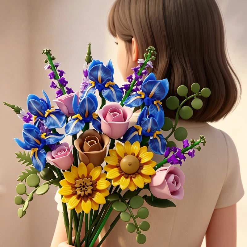 866pcs Botanical Flower Bouquet Set, Blue Iris Rose Plant Building Blocks, 3D Creative Desktop Decoration, Valentine Gift