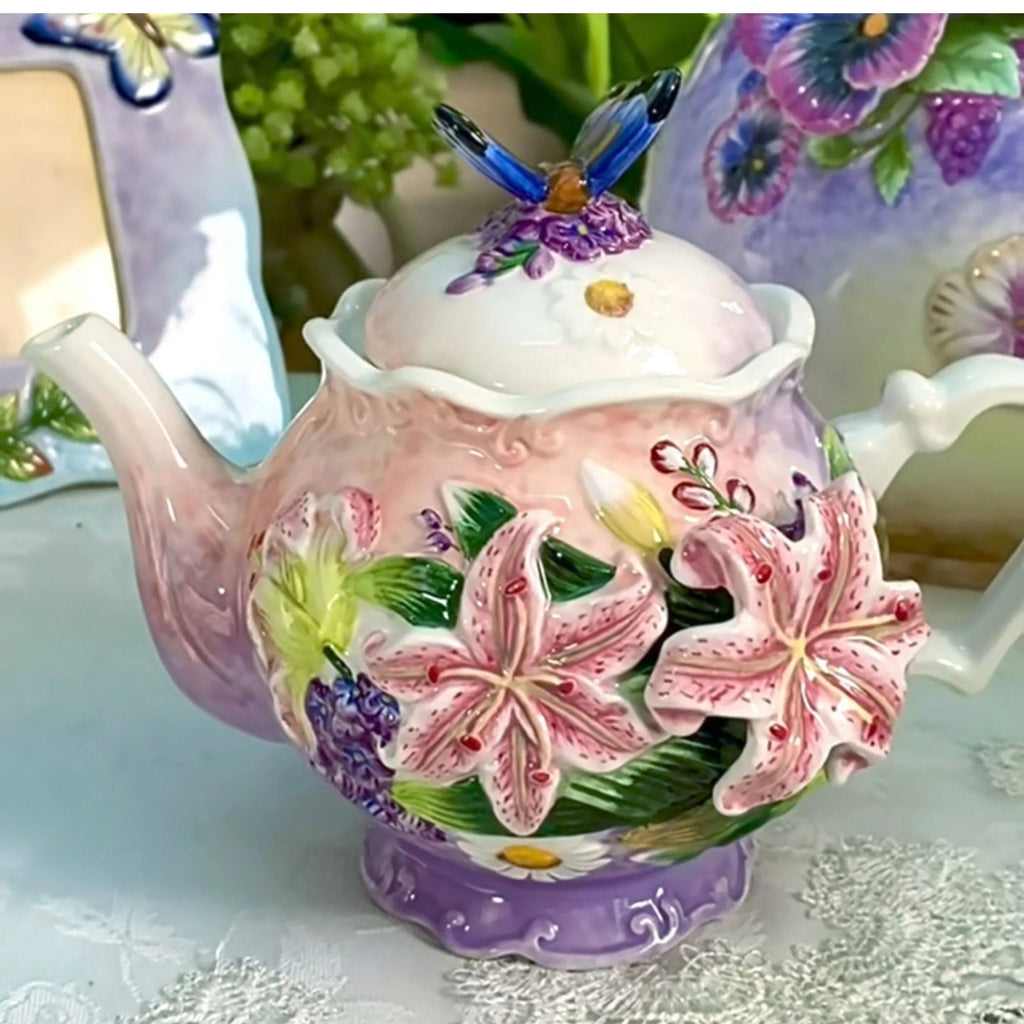 European Style Ceramic Coffee Pot, Hand-painted Butterfly Orchid Teapot, Tea Cup Set, Exquisite Creative Gift, Cafe Accessories
