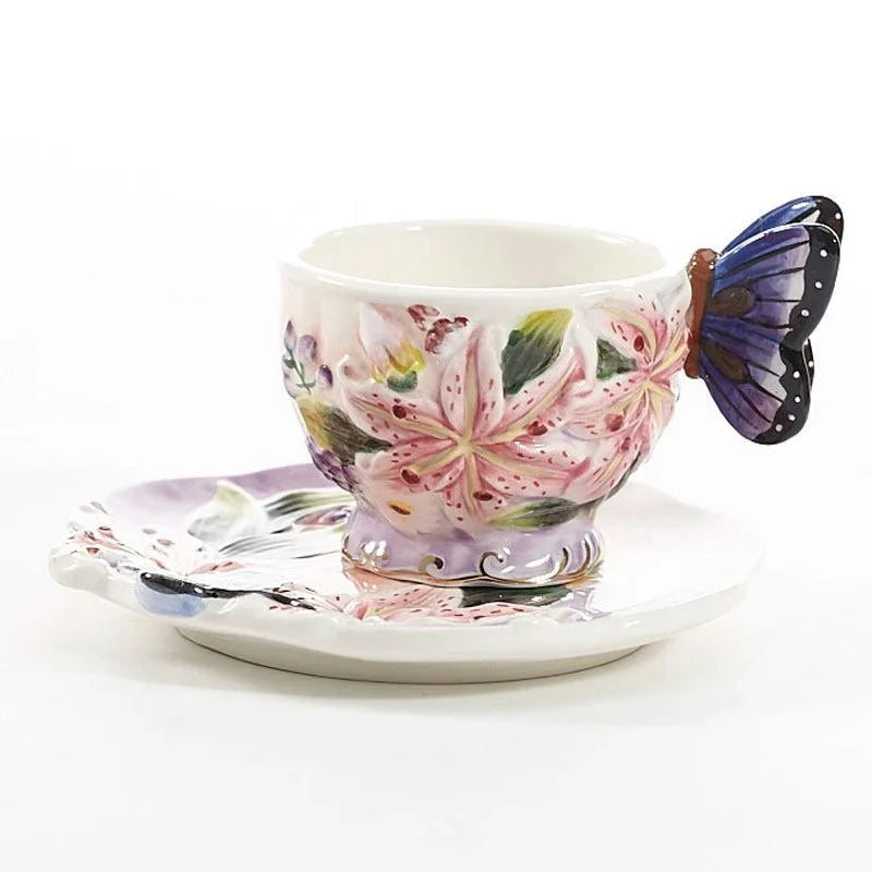 European Style Ceramic Coffee Pot, Hand-painted Butterfly Orchid Teapot, Tea Cup Set, Exquisite Creative Gift, Cafe Accessories