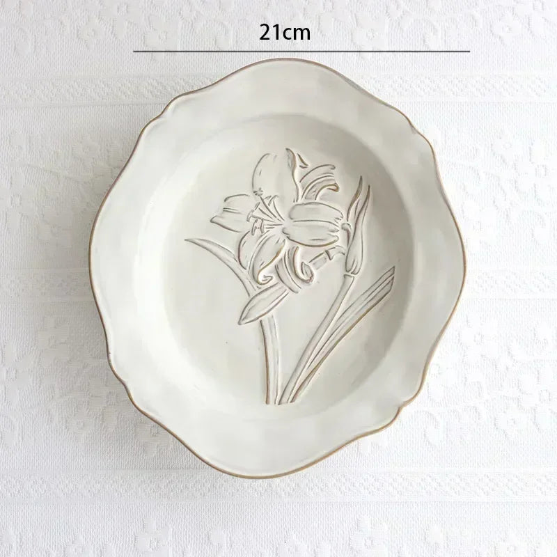 Ceramic Plates Vintage Style Dinner Plate Tulip Relief Ceramic Plates Steak Pasta Dishes Tableware Household Use Tableware Home