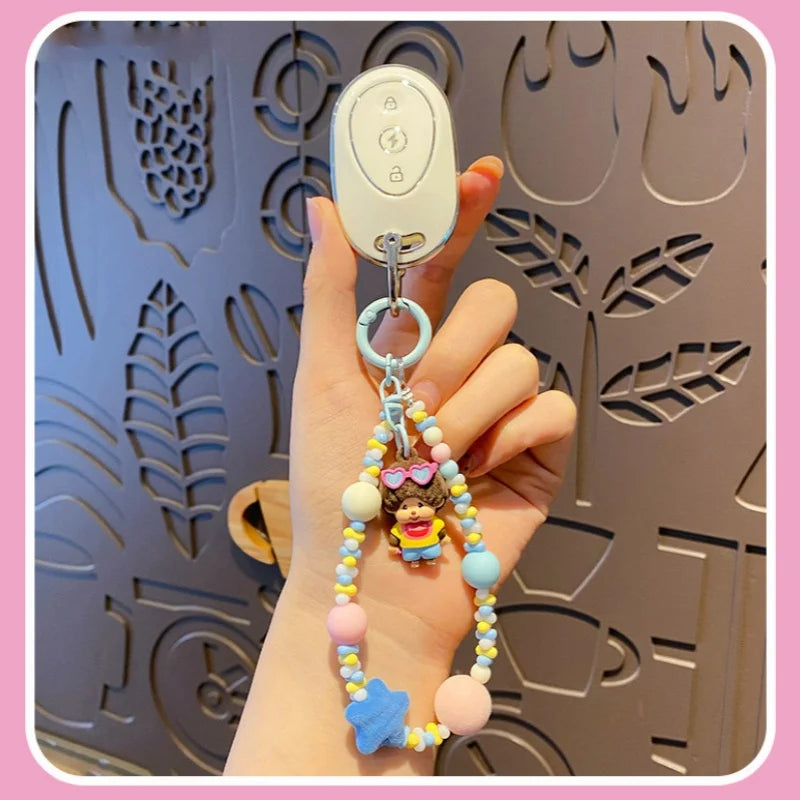 Genuine Monchhichi Flocked Beaded Keychain, Cute Cartoon Mini Monchhichi Figurine Charm, Women’s Bag  Phone Strap