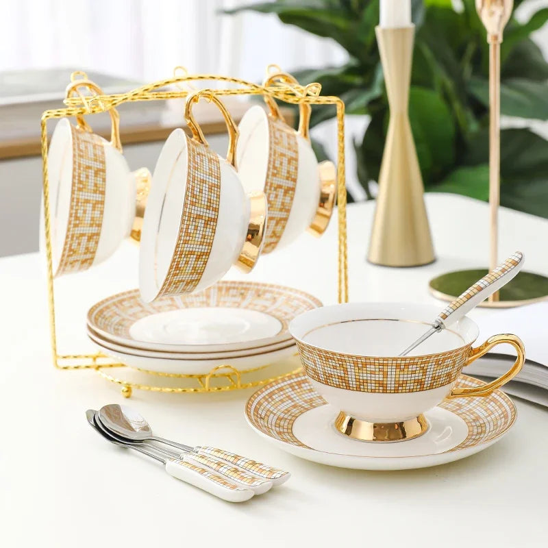 Ceramic Flower Teacup Vintage Luxury Coffee Cups GoldPlated Tea Set Combination Royal Afternoon Tea Set Kitchen Tableware Gift