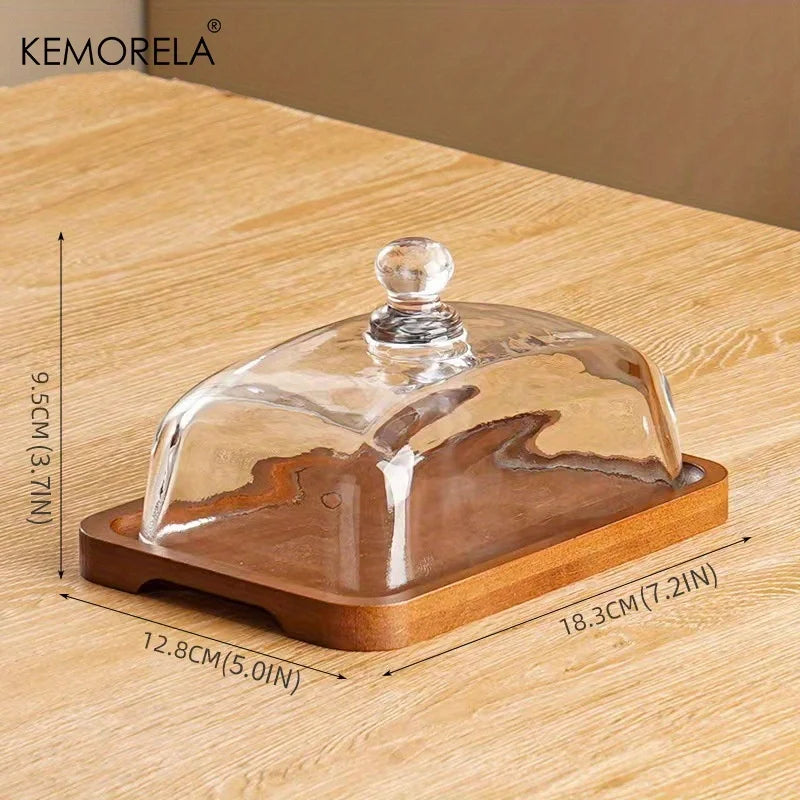 Vintage Butter Dish with Glass Lid - Elegant rectangular dinner plate with clear dome lid and black knob, decorative kitchen