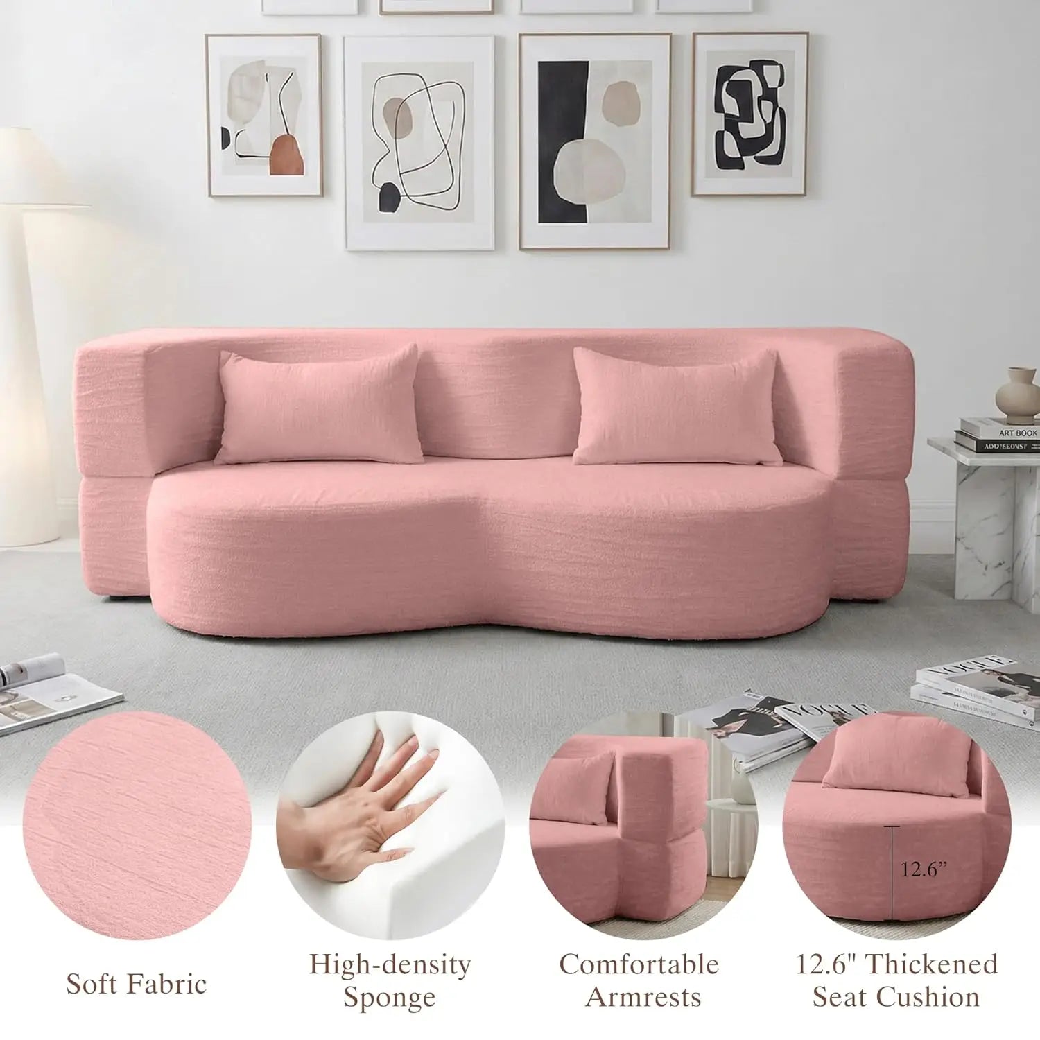 Convertible Sofa Bed, 78'' Queen Size Folding Sleeper Sofa with Pillow, 2-in-1 Teddy Fabric Boneless Loveseat Floor, Customized