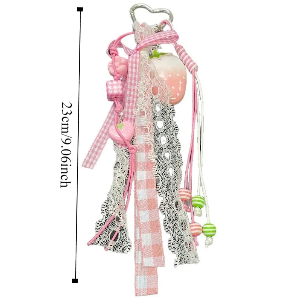 Bag Decoration Strawberry Bag Charms Girl Heart Trinket Riband Strawberry Keychain Anti-Lost Jewelry Girl Sweet Key Chain