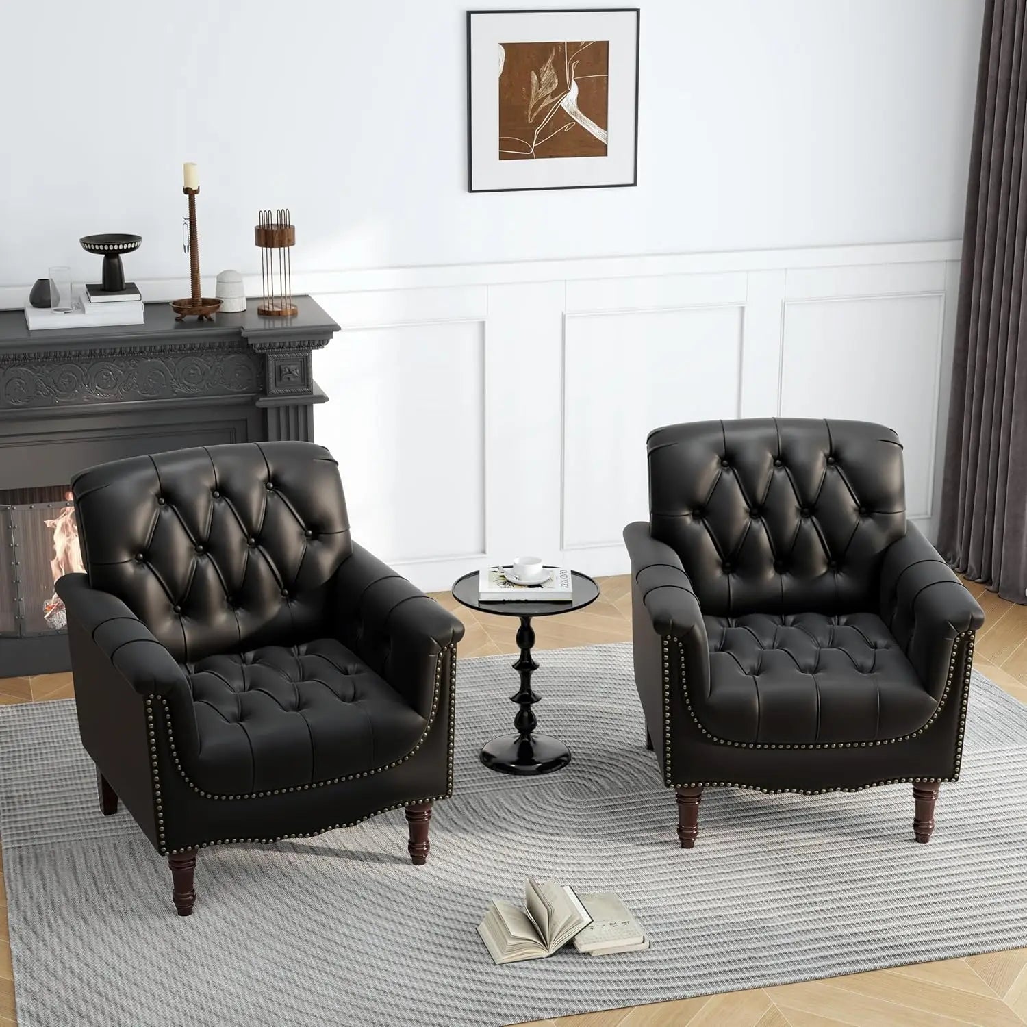 Faux Leather Accent Chairs Set of 2, Comfy Club Chair Upholstered Armchair for Living Room, Button Tufted Arm Chair, Customized