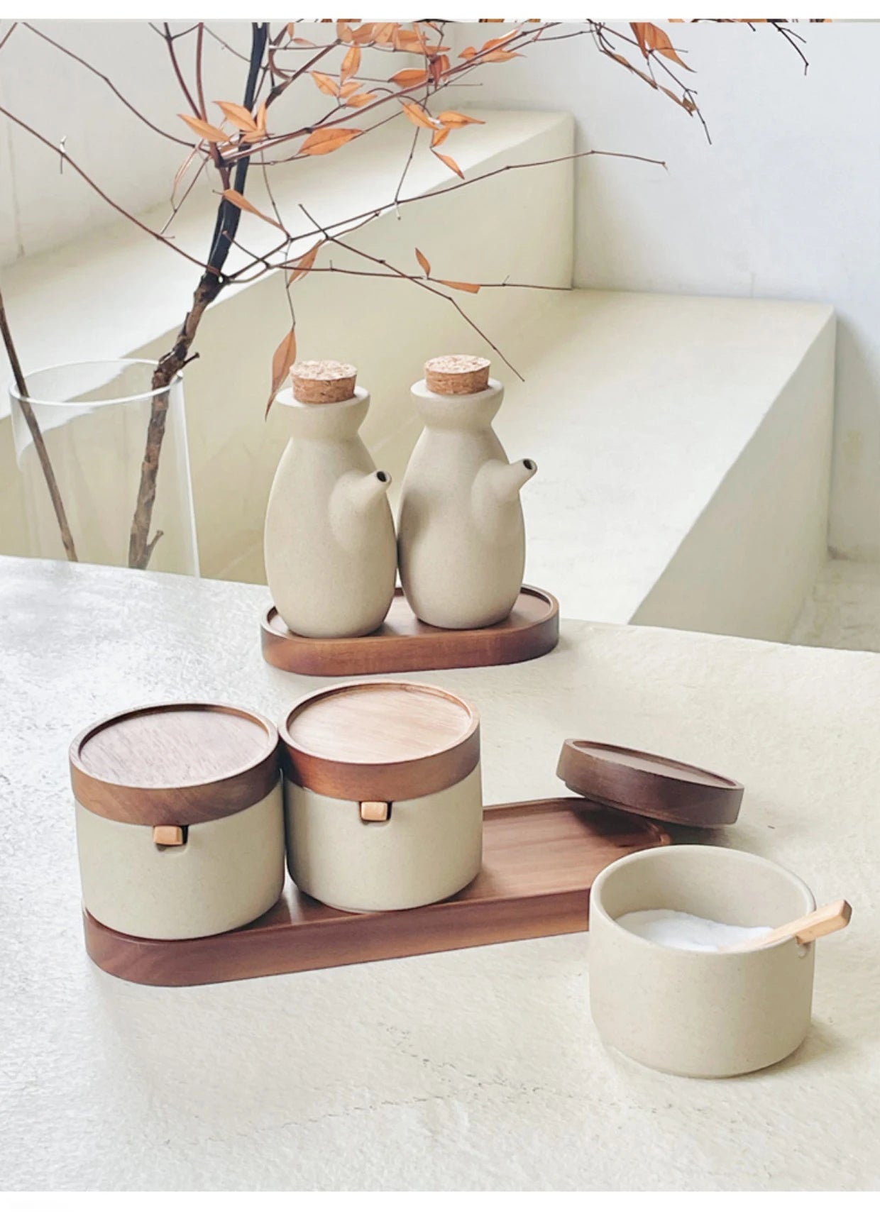 Vintage Ceramic Seasoning Jar Japanese Style Home Kitchen Salt Chili Sugar Jar Oil Pot Wooden Lid Spice Kitchen Utensils Modern