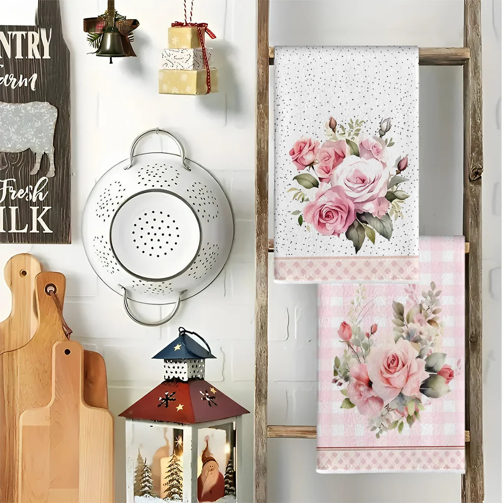 2Pcs, Vintage Pink Rose Print Kitchen Towels, 40Cm*60Cm Towel Set, Super Absorbent Soft Cleaning Cloth, Cooking and Baking Tea Towel, Hand Towel, Cleaning Cloth, Dishcloth, Kitchen Decoration, Living Room Decoration, Kitchen