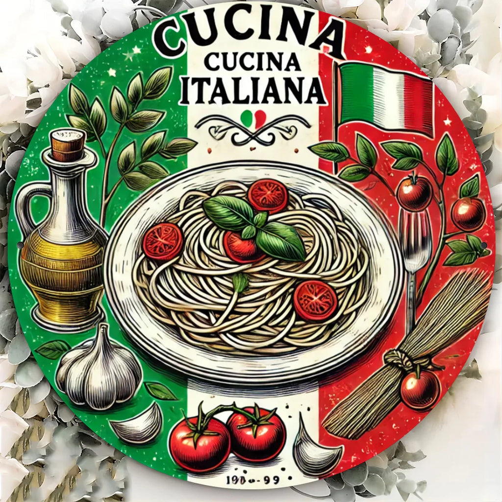 1pc Italian Cuisine Round Metal Sign - Rustic Aluminum Wall Art with HD Print, Waterproof & Rust-Resistant, Vintage Spaghetti &