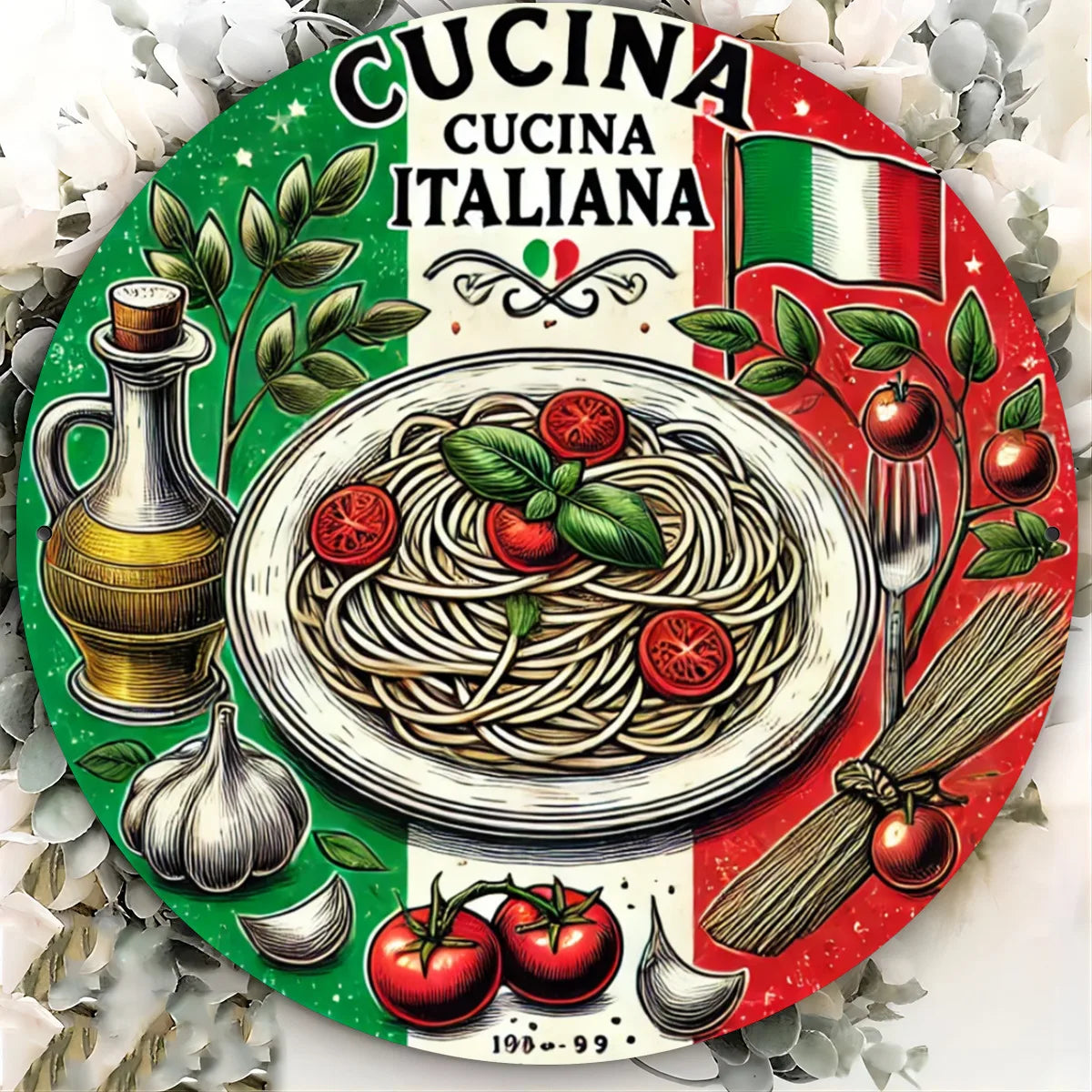1pc Italian Cuisine Round Metal Sign - Rustic Aluminum Wall Art with HD Print, Waterproof & Rust-Resistant, Vintage Spaghetti &