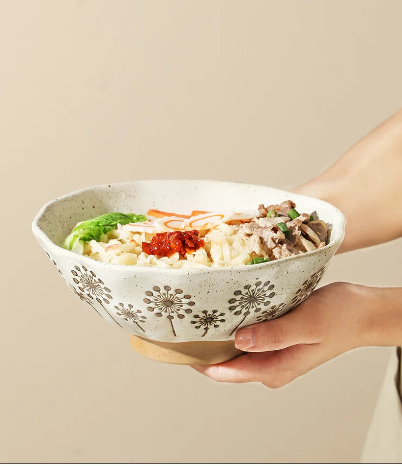 coarse pottery bowl, retro ceramic tableware, underglaze colored noodle bowl, lace soup bowl, household hat  commercial ramen