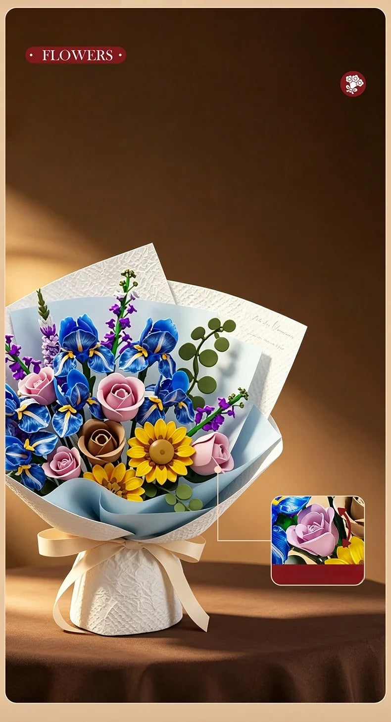 866pcs Botanical Flower Bouquet Set, Blue Iris Rose Plant Building Blocks, 3D Creative Desktop Decoration, Valentine Gift