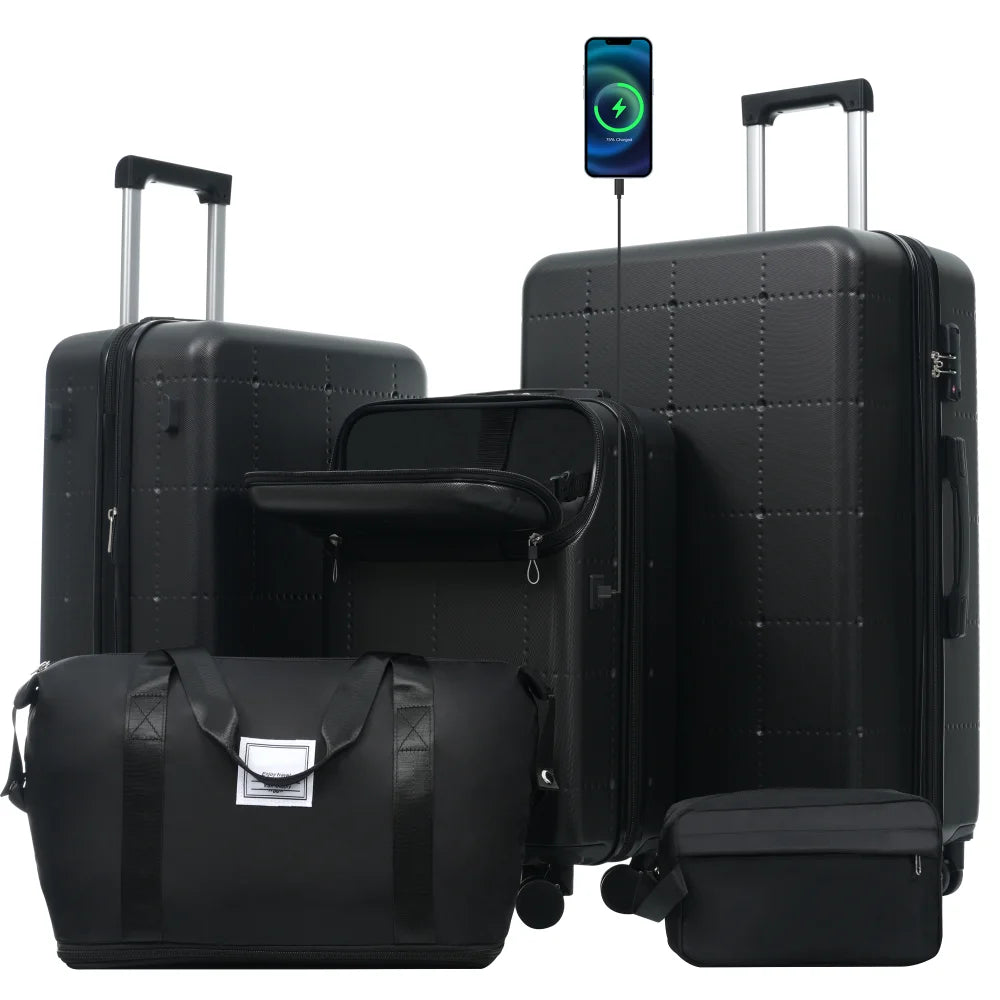 Hardside 5PCS Luggage Set with Bags 20" Half-opening Carry on With USB Port Expandable 24" 28" Double Spinner Wheels TSA Lock