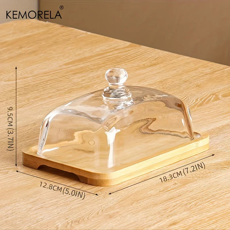 Vintage Butter Dish with Glass Lid - Elegant rectangular dinner plate with clear dome lid and black knob, decorative kitchen