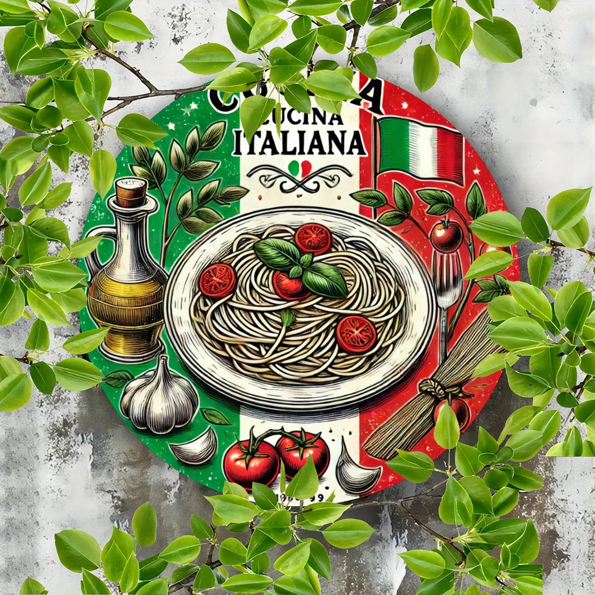 1pc Italian Cuisine Round Metal Sign - Rustic Aluminum Wall Art with HD Print, Waterproof & Rust-Resistant, Vintage Spaghetti &