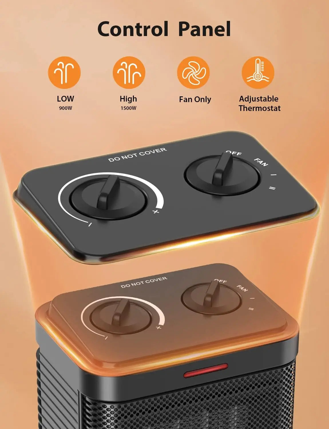 1500W PTC Ceramic Space Heater with Thermostat, 3 Modes, Quiet Heating for Indoor Office Desk Use