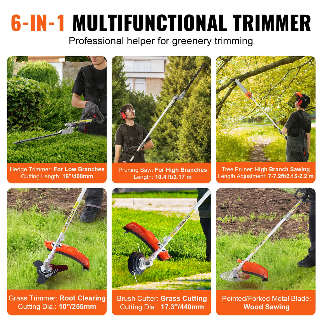 SucceBuy 33CC 6-in-1Multi-Functional Trimming Tools Gas Hedge Trimmer Weed Eater String TrimmerBrush Cutter Pole Saw Chainsaw