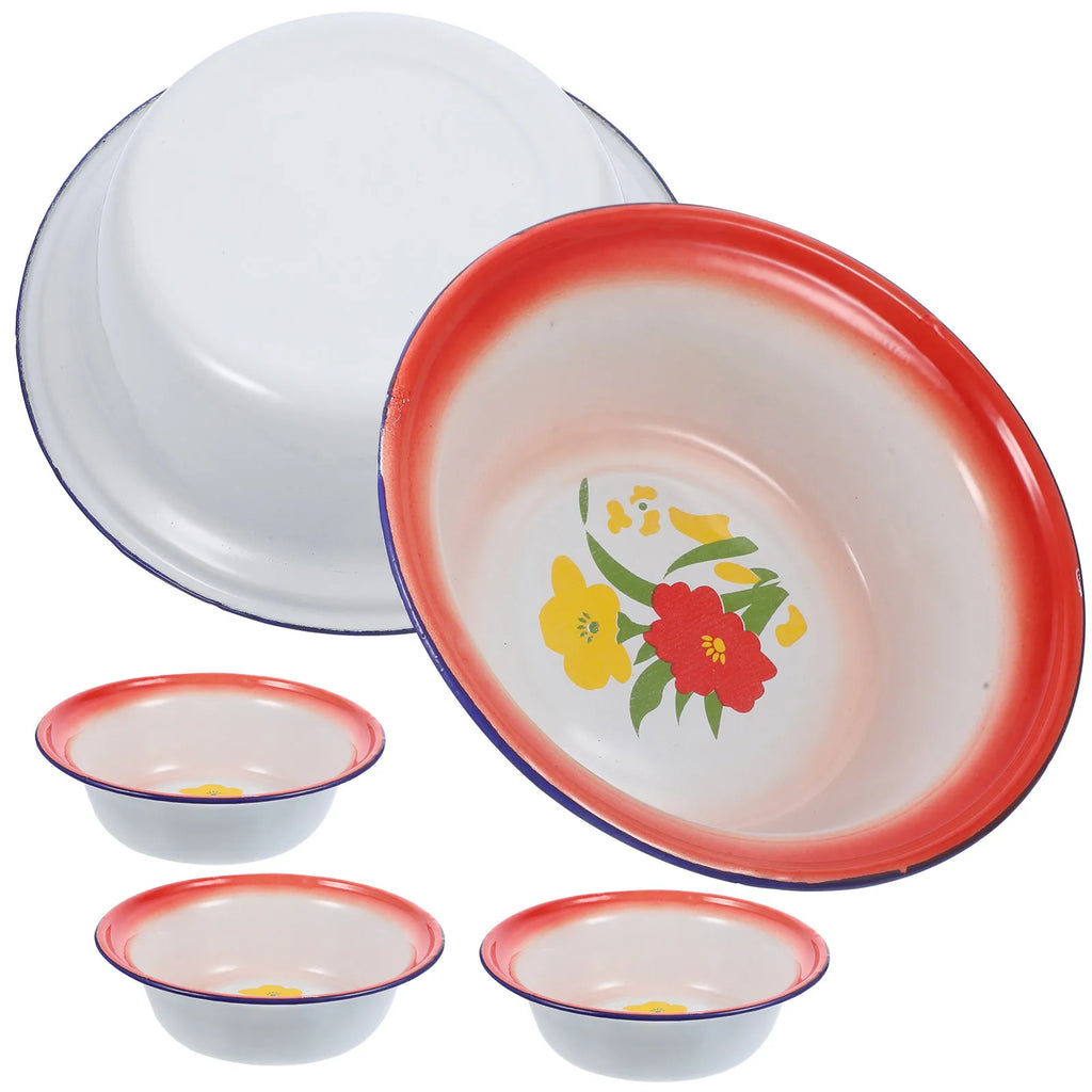 5Pcs Enamelware Bowls Vintage Pattern Multi-Use Soup Salad Mixing Bowl Set for Household Camping Enamel Food Bowl