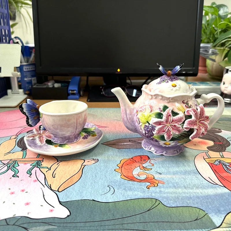 European Style Ceramic Coffee Pot, Hand-painted Butterfly Orchid Teapot, Tea Cup Set, Exquisite Creative Gift, Cafe Accessories