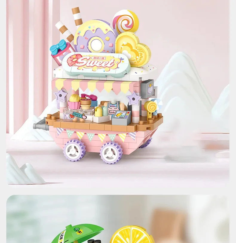 LOZ Street series dessert vending carts, lemon tea vending carts, model assembly, accessories, trolleys, parent-child assembly t