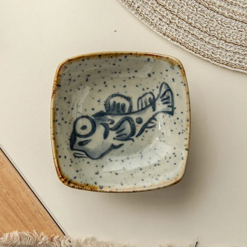 Vintage Ceramic Small Plate Japanese Creative Cartoon Seafood Sauce Dish Seasoning Plate Home Kitchen Tableware Wholesale
