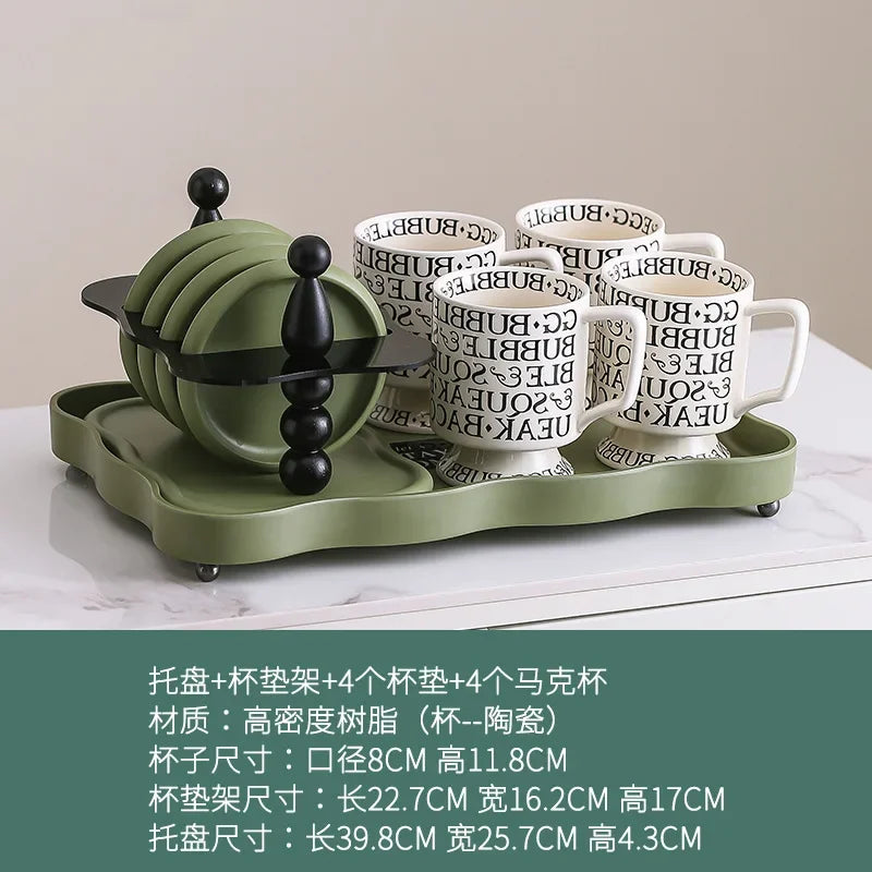 Vintage Luxury Water Cup Tray Retro Teaware Display Organizer Afternoon Tea Glass Storage Rack with Coaster Set for Home Decor