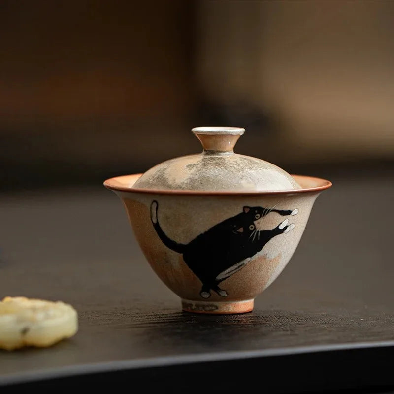 130ml Vintage Cute Zhi Ye Cat Porcelain Gaiwan Set For Tea Tureen Teaware Cup Chinese Hand-Paint Bowls Chawan Tea Ceremony Set