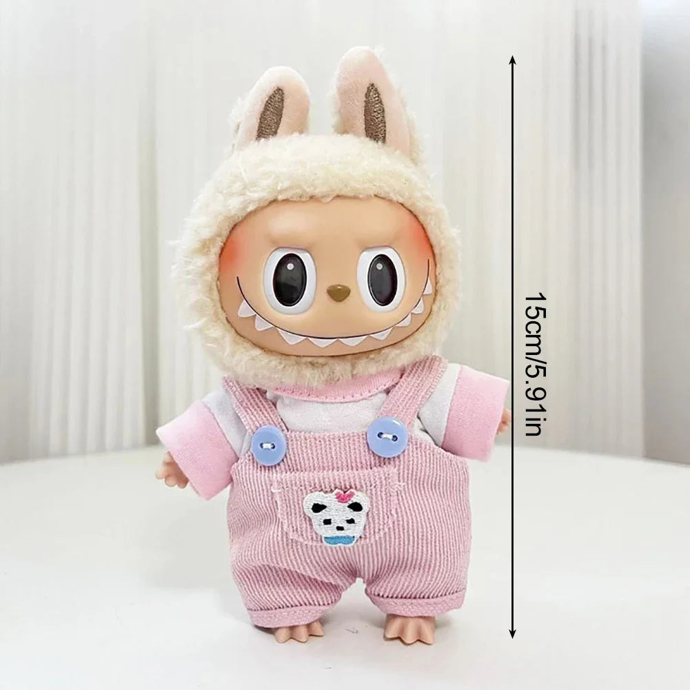 For 17cm Labubu Doll Little Bailey Hat Checkered Overalls Set Labubu Outfit Accessories Labubu Ropa