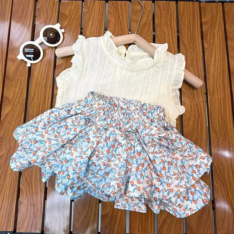 Girls' Suit Summer 2025 New Children's Summer Dress Baby Girl Fashionable Children's Top+Skirt Two-Piece Set