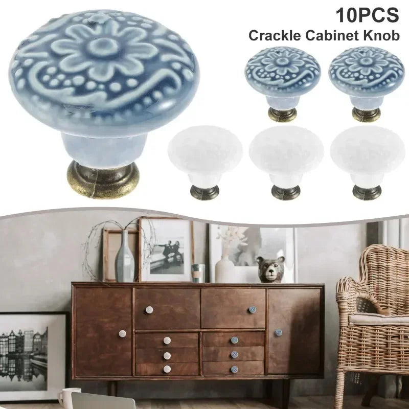 10Pcs Vintage Ceramic Door Knobs for Closet Cupboard Wardrobe Dresser Kitchen Furniture Round Cabinet Knobs Drawer Pull Handles