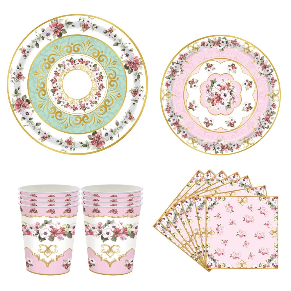 Vintage Floral Tea Party Tableware Set Elegant Pink Paper Plates Cups Napkins EVJF Girls Birthday Bridal Shower Wedding Decor