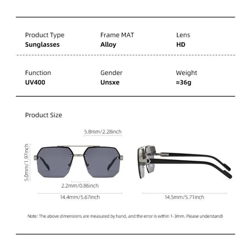 Oversized Double Bridge Sunglasses Frameless Rimless Men's Shades Square Frame UV Protection Street Shooting Eyewear