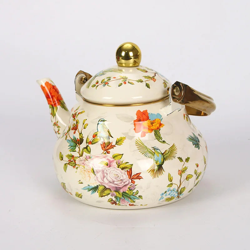 1.5L Vintage Enamelware Kettle Classic Enamel Teapot with Golden Handle for Stovetop Use Kitchen Decor Gift for Tea Lovers
