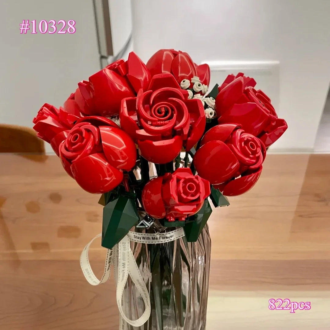 Bloom A Bouquet of Roses Building Blocks Sets Compatible with Legoed Particles Suitable for Christmas Gifts 822pcs