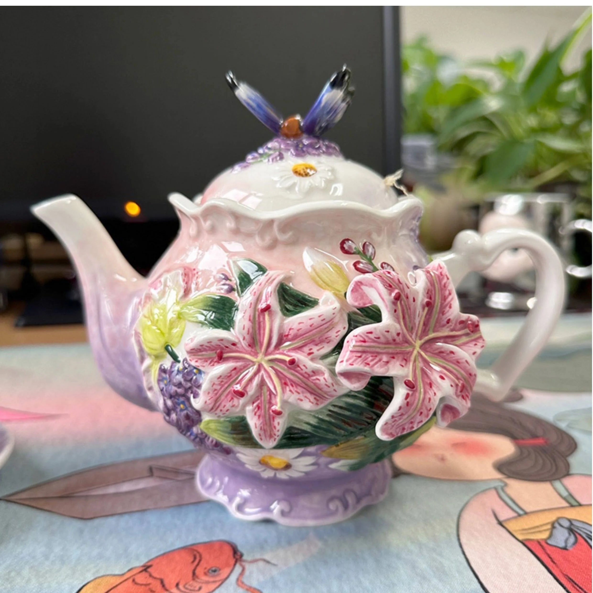 European Style Ceramic Coffee Pot, Hand-painted Butterfly Orchid Teapot, Tea Cup Set, Exquisite Creative Gift, Cafe Accessories