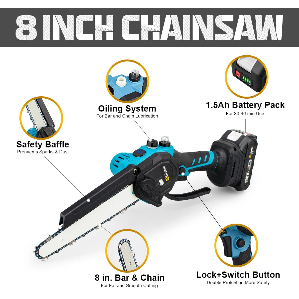 Gisam 8 Inch Brushless Chain Saw Cordless Electric Saw Woodworking Garden Pruning Chainsaw Power Tool For Makita 18V Battery Pin