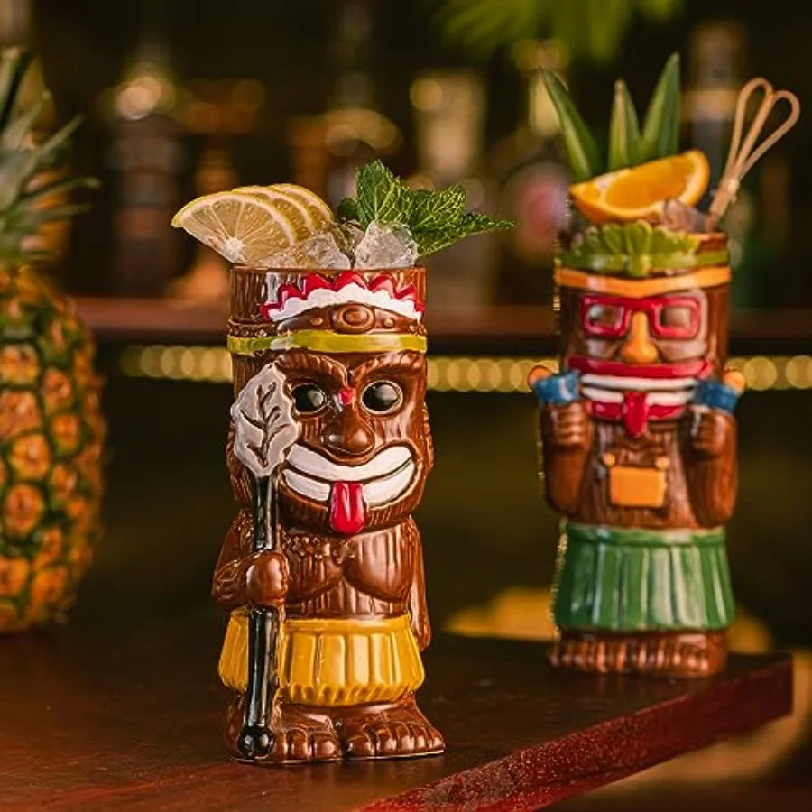 Cocktail Tiki Mugs Set Of 4 - Exotic Mug With 4 Coasters And 4 Straws Cute Ceramic Hawaiian Style Cocktail Glasses For Party An