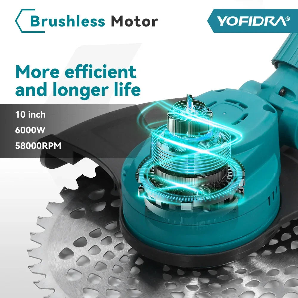 YOFIDRA 10Inch 6000W Brushless Electric Lawn Mower 58000RPM Garden Foldable Grass Trimmer Garden Tool For Makita 18V Battery Pin