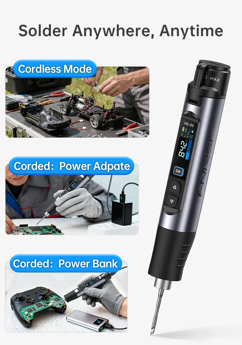 FINIRSI HS03 Cordless Soldering Iron, 100-450°C Replaceable Battery Continuous Soldering Wired/Wireless Modes Compatible T210