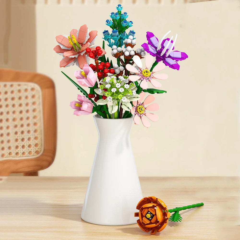 Creativity Potted Plants Bouquet Rose Lily Flower Home Desk Plant Decoration Assemble Building Blocks Bricks Toys Girls Gift