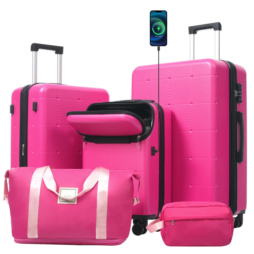 Hardside 5PCS Luggage Set with Bags 20" Half-opening Carry on With USB Port Expandable 24" 28" Double Spinner Wheels TSA Lock