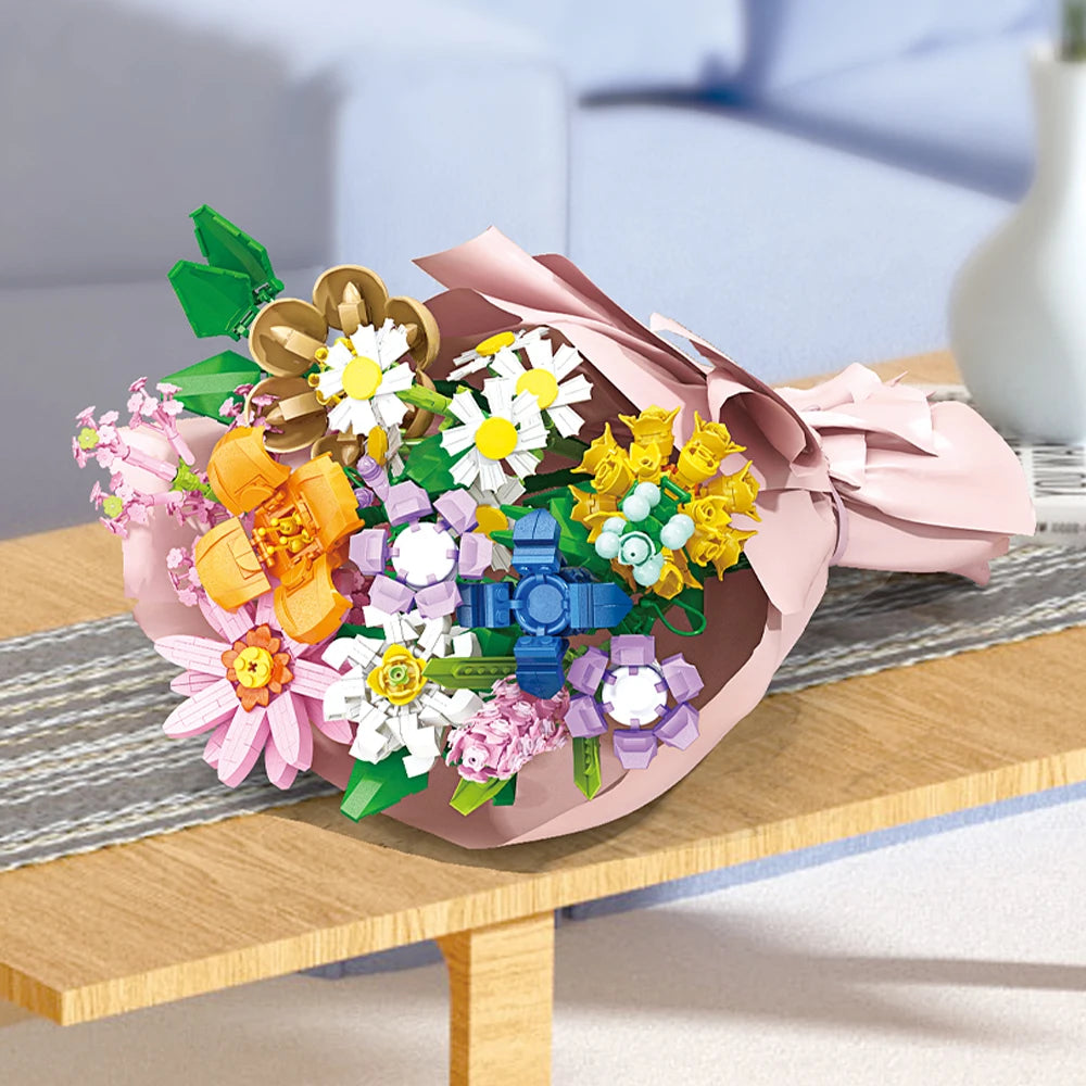 Creativity Potted Plants Bouquet Rose Lily Flower Home Desk Plant Decoration Assemble Building Blocks Bricks Toys Girls Gift