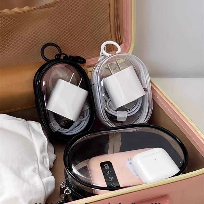 New Round Black PVC Transparent Storage Bag Jewelry Organizer Portable Keychain Data Cable Earphone Coin Charger Storage Pouches
