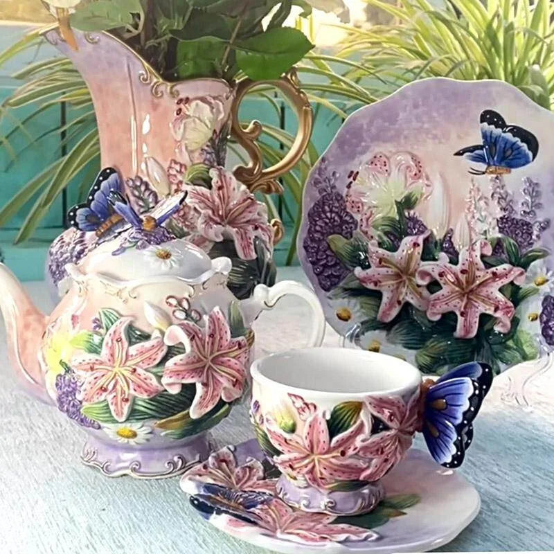 European Style Ceramic Coffee Pot, Hand-painted Butterfly Orchid Teapot, Tea Cup Set, Exquisite Creative Gift, Cafe Accessories
