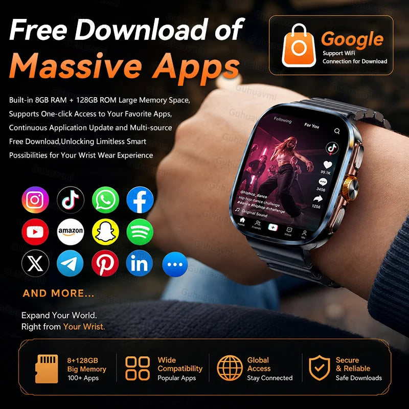 5G/4G Globally Universal SIM Smart Watch AMOLED Screen 190 ° Rotating Camera Video Call GPS 8+128GB Memory Smart Watch
